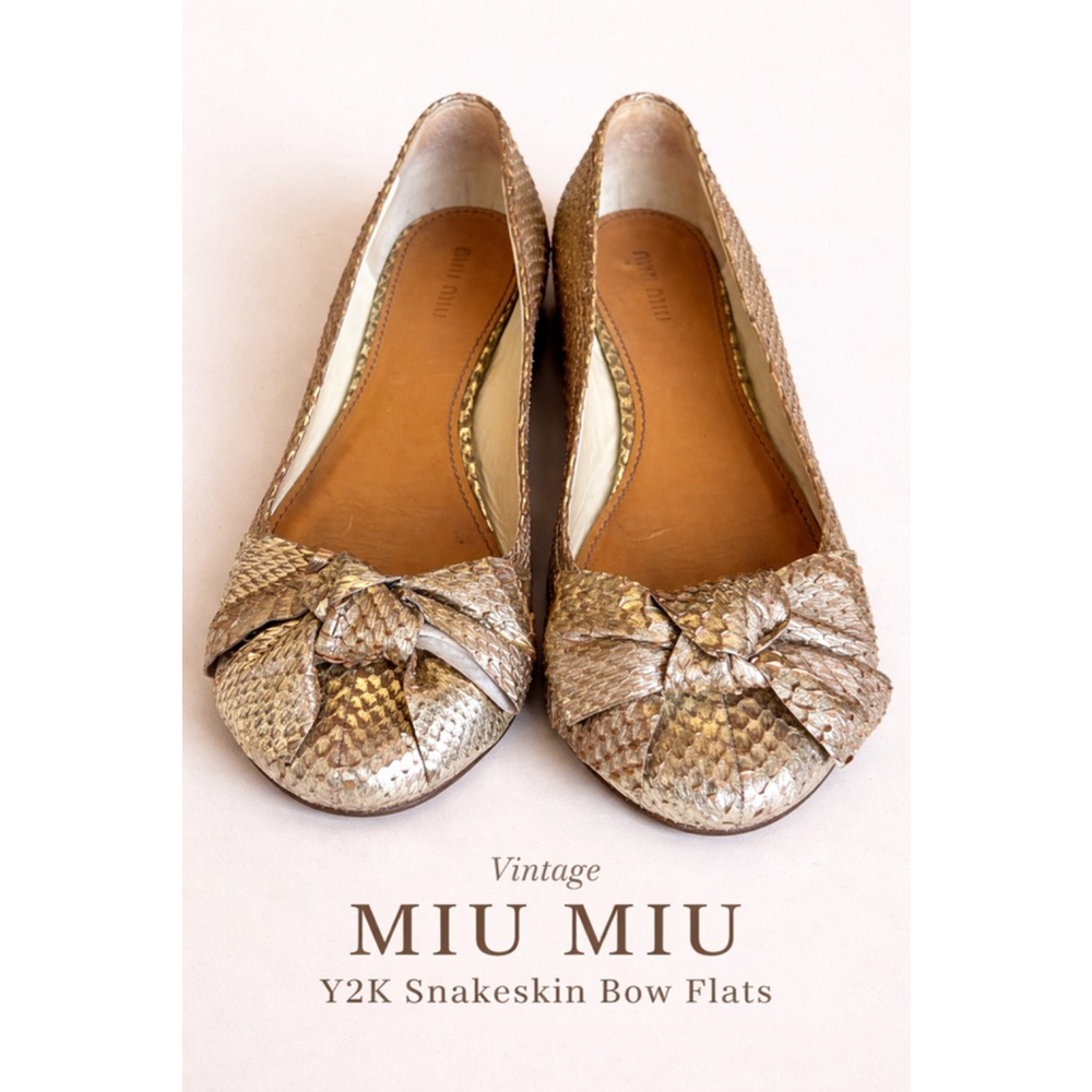 Y2K Miu Miu Gold Snakeskin Ballet Flats Bow Leather Made in Italy